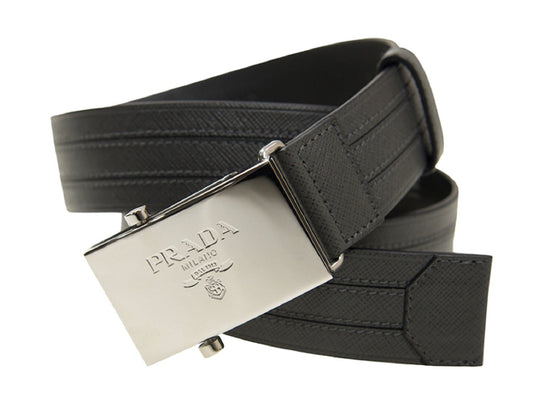 Prada Mens Logo Plaque Saffiano Leather Belt Grey 40/100 2CM009