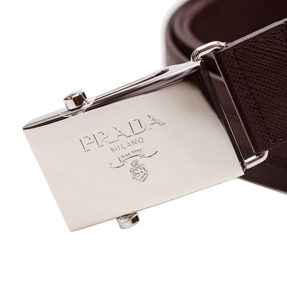 Prada Men's Saffiano 1 Brown Leather Belt Silver Plaque  2CM009 Size: 100/40