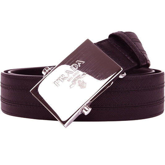 Prada Men's Saffiano 1 Brown Leather Belt Silver Plaque  2CM009 Size: 100/40
