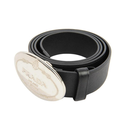 Prada Black Saffiano Leather Engraved Oval Plaque Buckle Belt 100/40 Belt