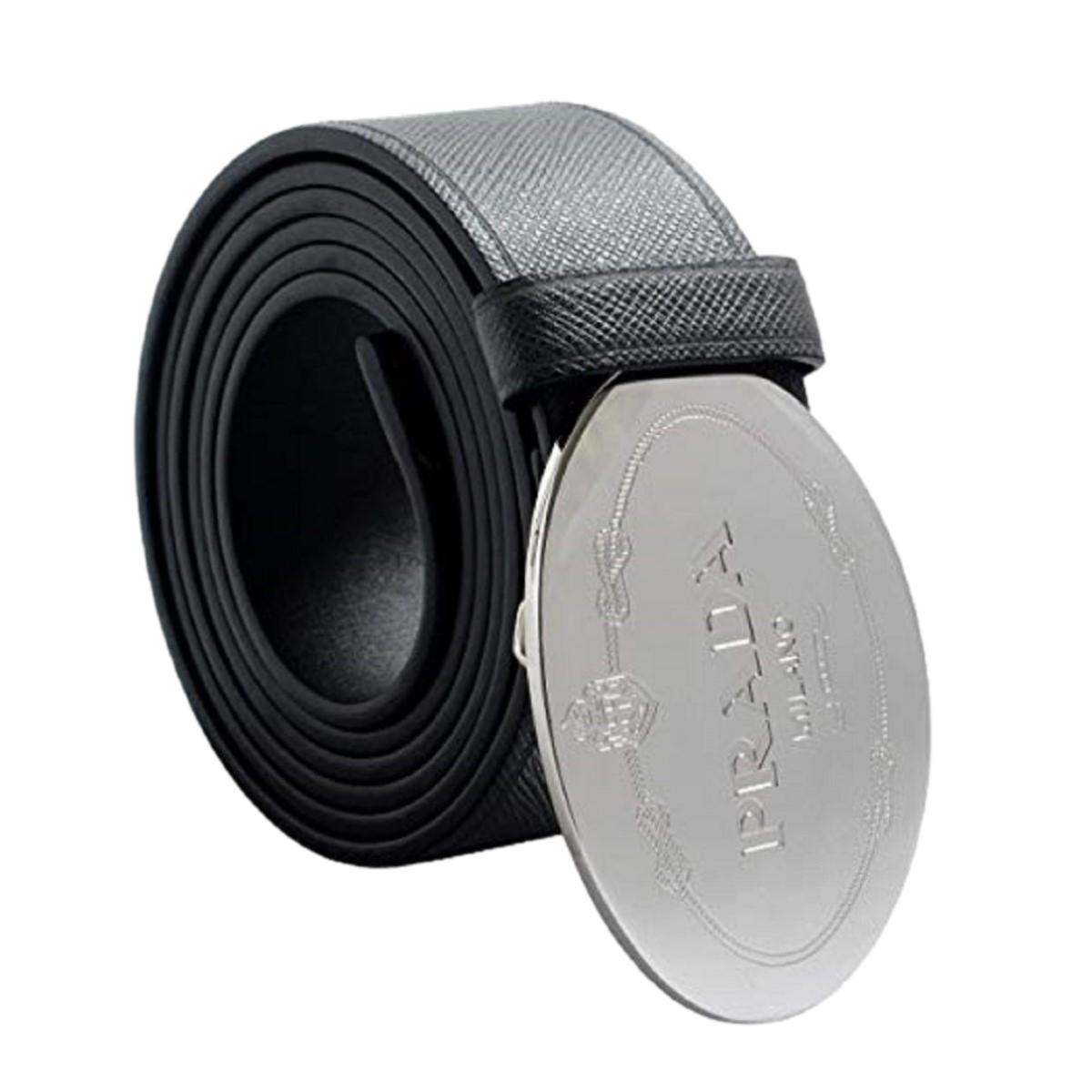 Prada Black Saffiano Leather Engraved Oval Plaque Buckle Belt 100/40 Belt