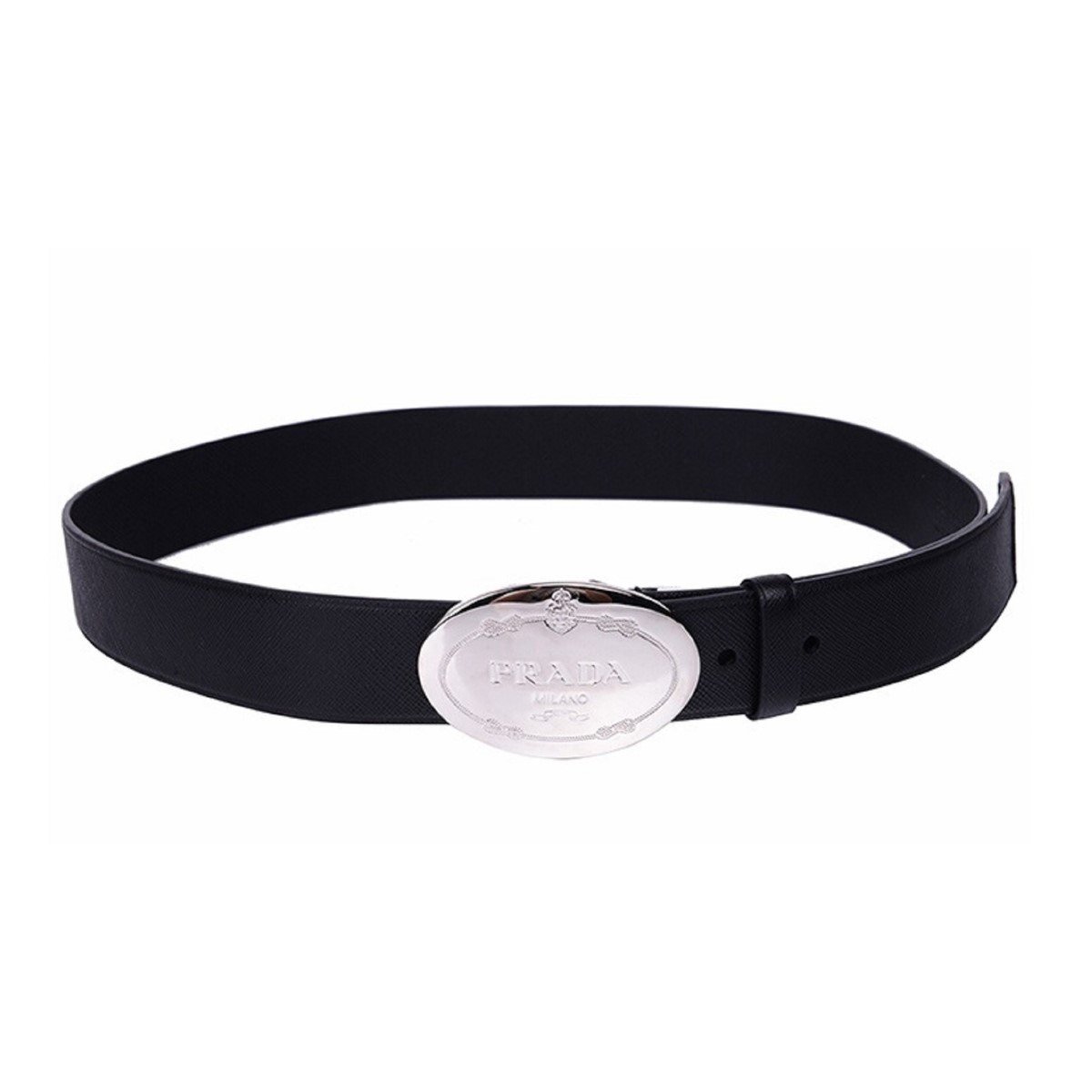Prada Black Saffiano Leather Engraved Oval Plaque Buckle Belt 100/40 Belt