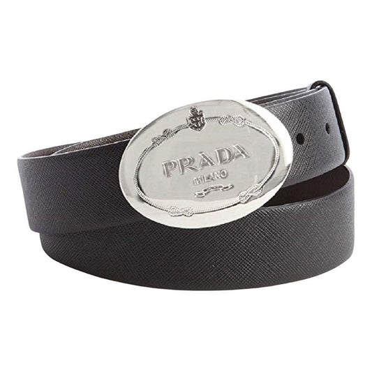 Prada Black Saffiano Leather Engraved Oval Plaque Buckle Belt 100/40 Belt