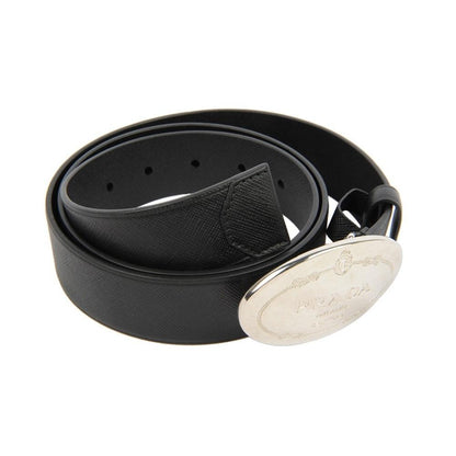 Prada Black Saffiano Leather Engraved Oval Plaque Buckle Belt 100/40 Belt