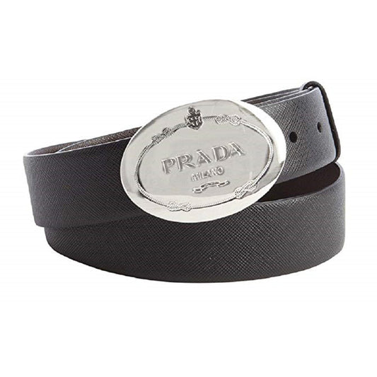 Prada Grey Saffiano Leather Engraved Oval Plaque Buckle Size: 105/42 Belt