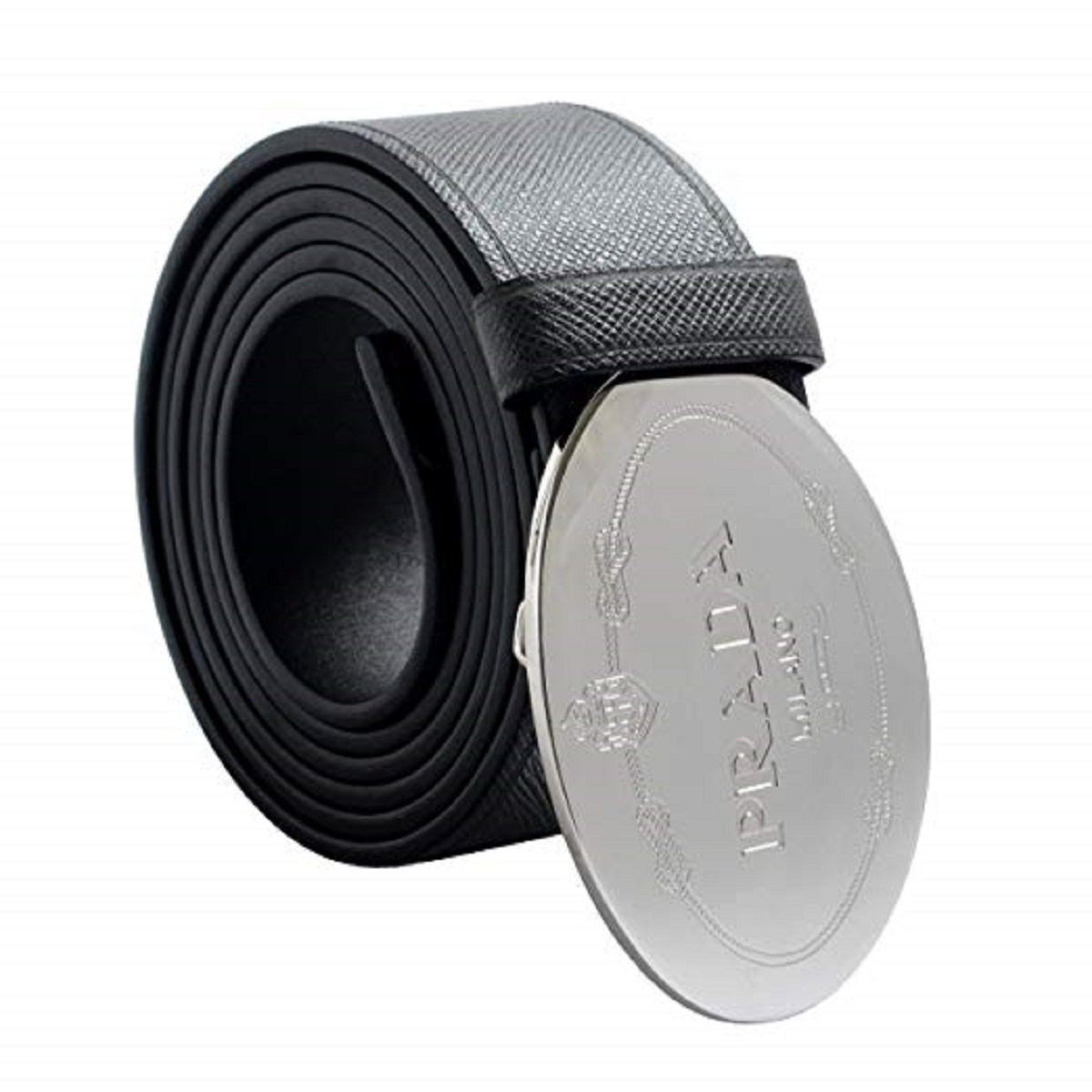 Prada Grey Saffiano Leather Engraved Oval Plaque Buckle Size: 105/42 Belt