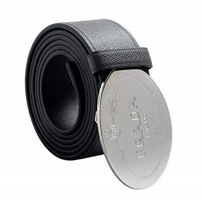 Prada Grey Saffiano Leather Engraved Oval Plaque Buckle Size: 105/42 Belt