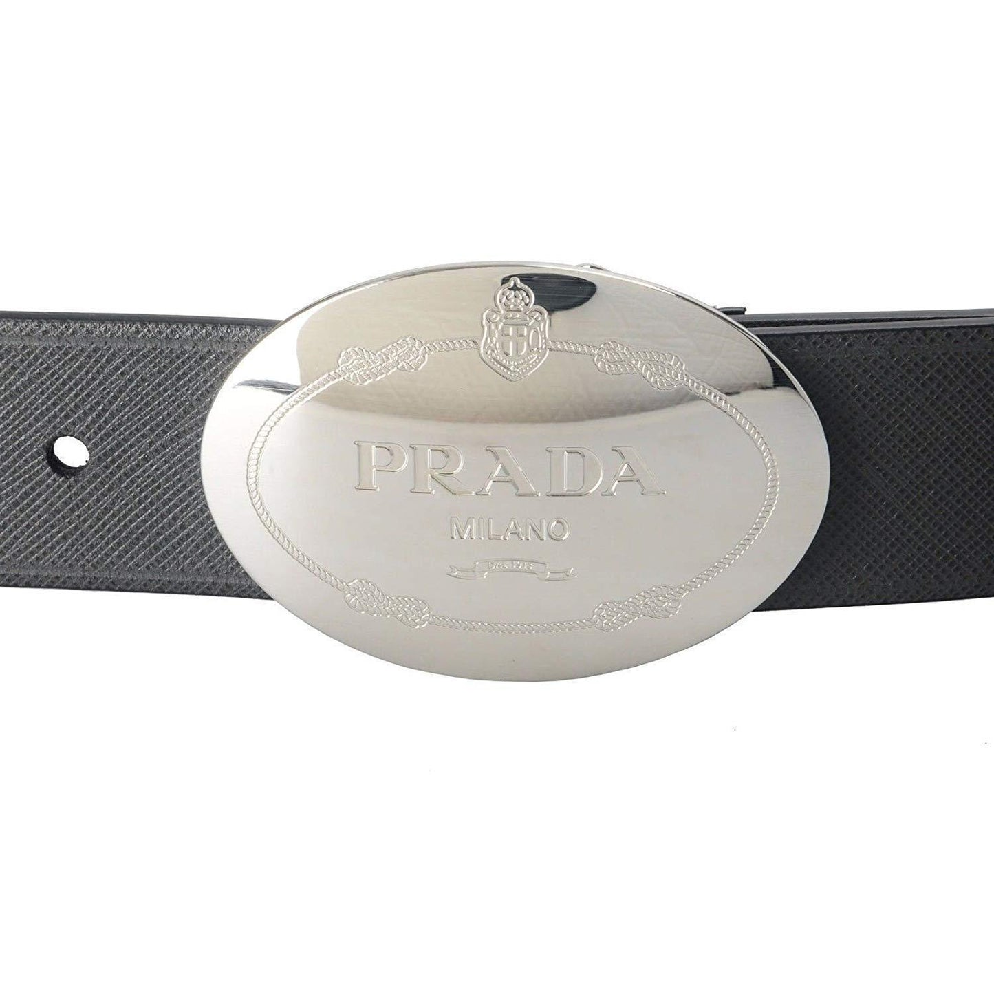 Prada Grey Saffiano Leather Engraved Oval Plaque Buckle Size: 105/42 Belt