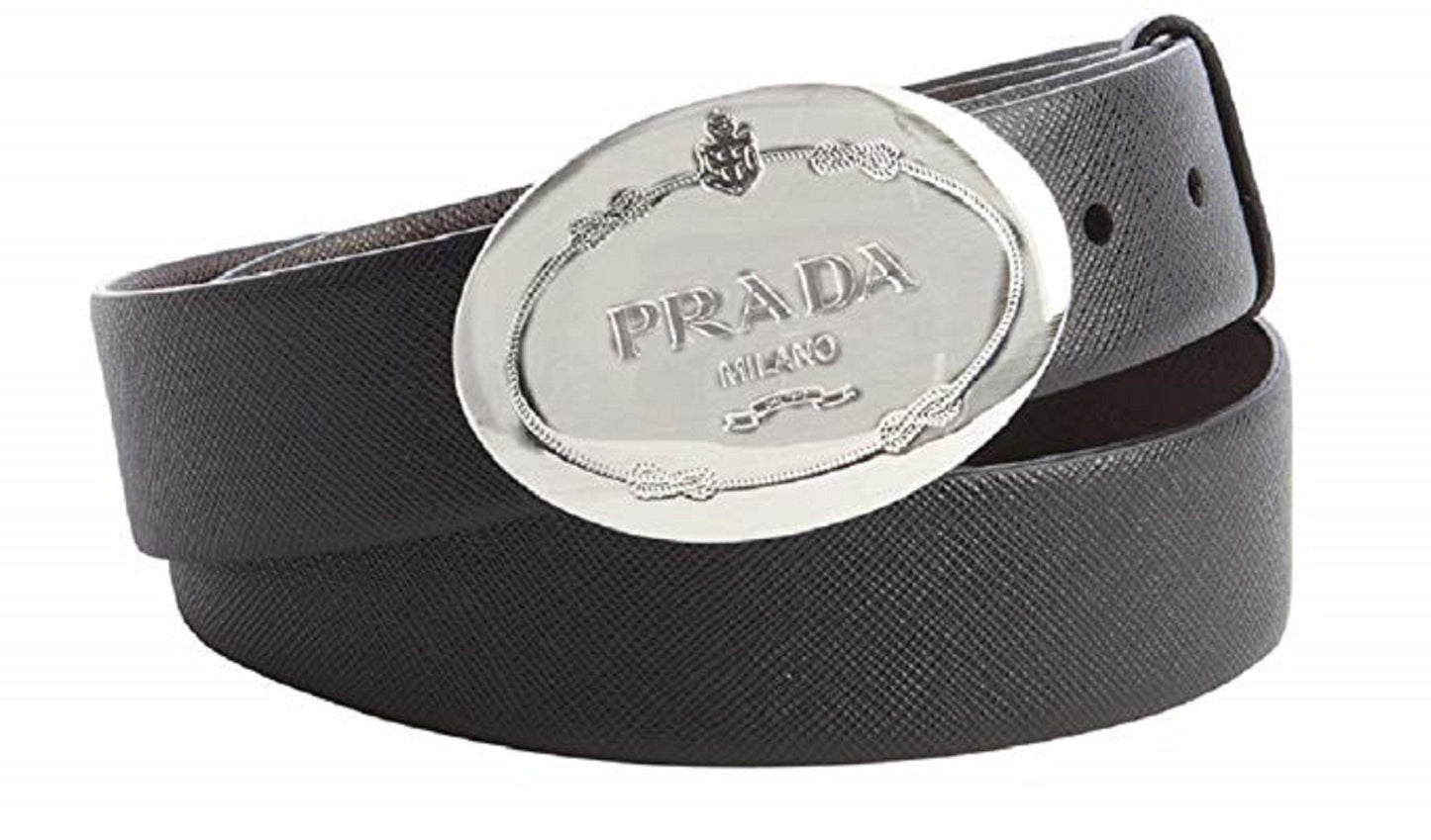 Prada Grey Saffiano Leather Engraved Oval Plaque Buckle Belt 95/38 Belt