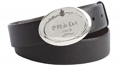 Prada Grey Saffiano Leather Engraved Oval Plaque Buckle Belt 95/38 Belt