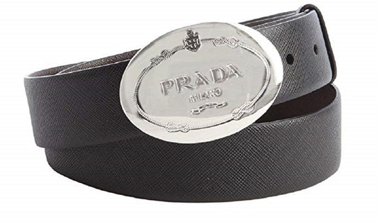 Prada Grey Saffiano Leather Engraved Oval Plaque Buckle Belt 95/38 Belt