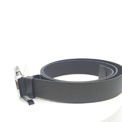 Prada Grey Saffiano Leather Engraved Oval Plaque Buckle Belt 95/38 Belt
