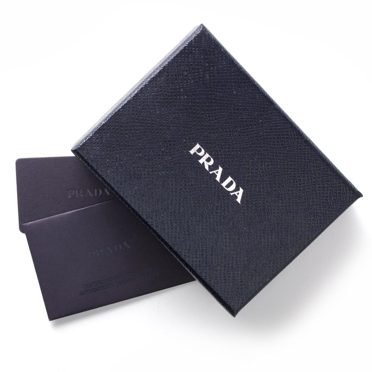 Prada Men's Vitello Micro Grain Black Leather Vertical Bifold Card Holder Silver Logo