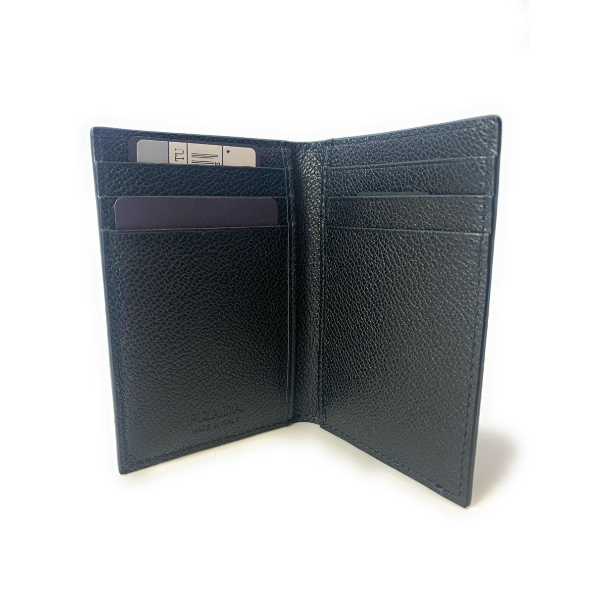 Prada Men's Vitello Micro Grain Black Leather Vertical Bifold Card Holder Silver Logo