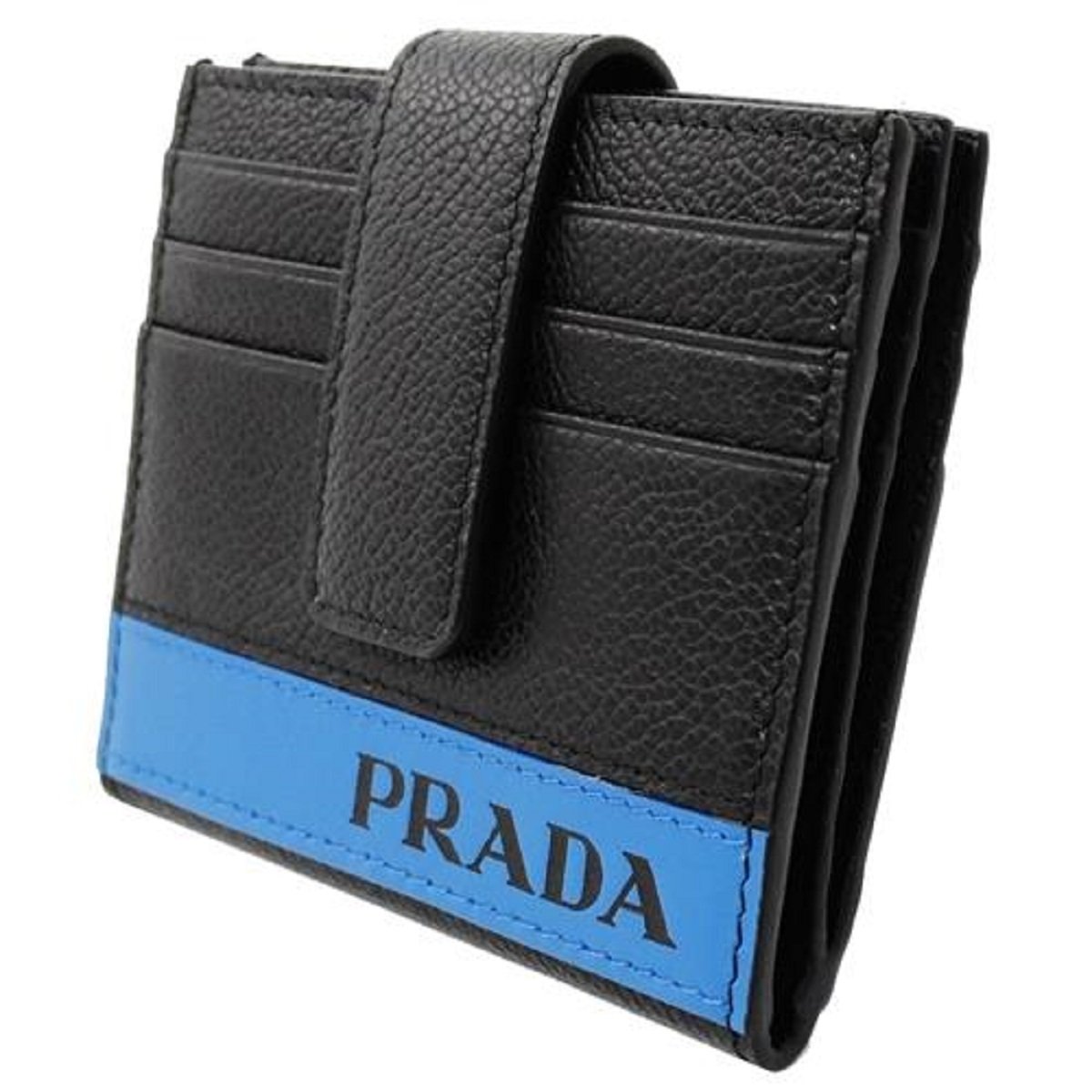 Prada Mens Black Blue Stripe Logo Vitello Micrograin Card Holder Wallet 2MC049