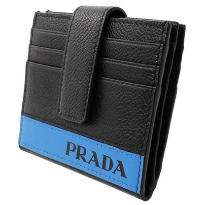 Prada Mens Black Blue Stripe Logo Vitello Micrograin Card Holder Wallet 2MC049