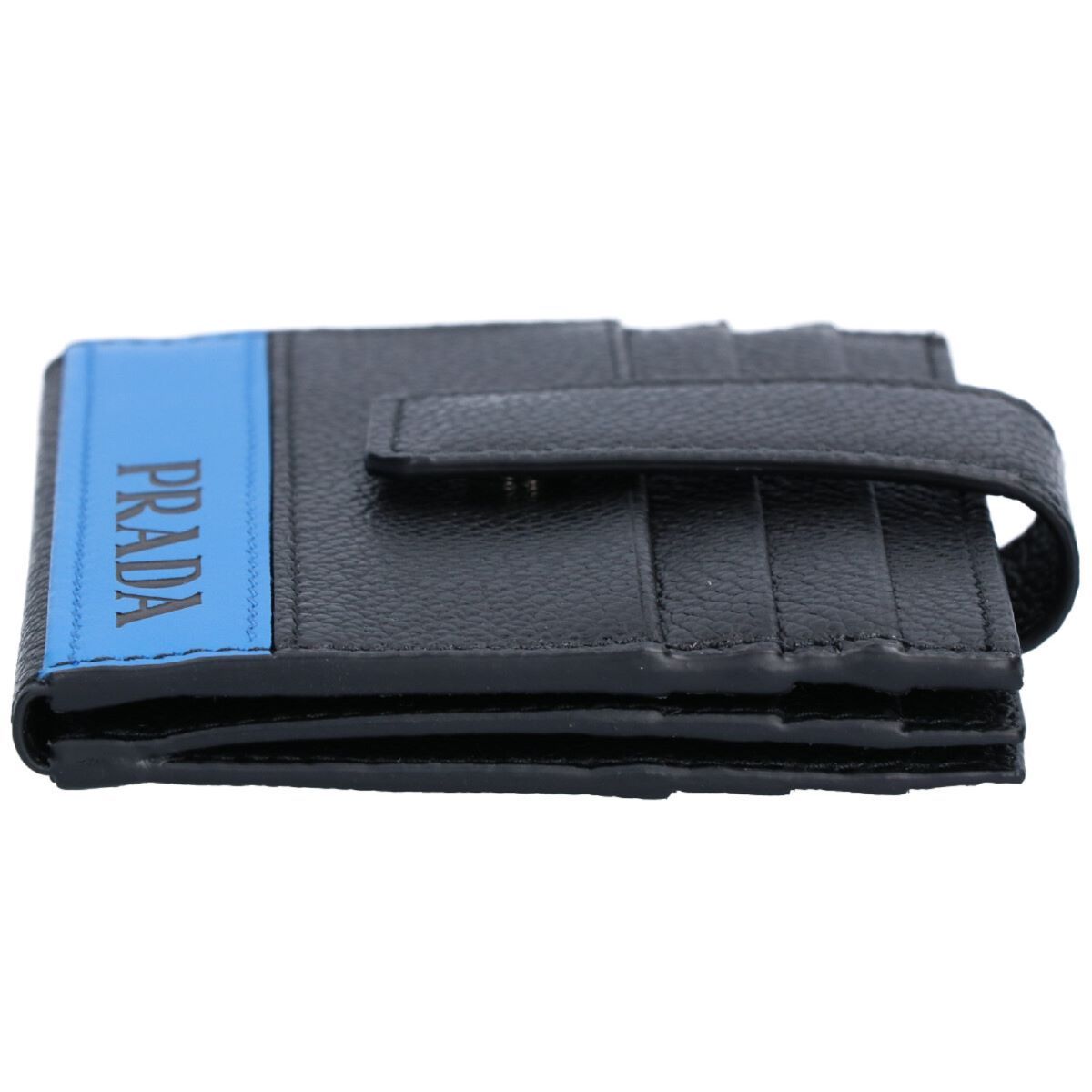 Prada Mens Black Blue Stripe Logo Vitello Micrograin Card Holder Wallet 2MC049