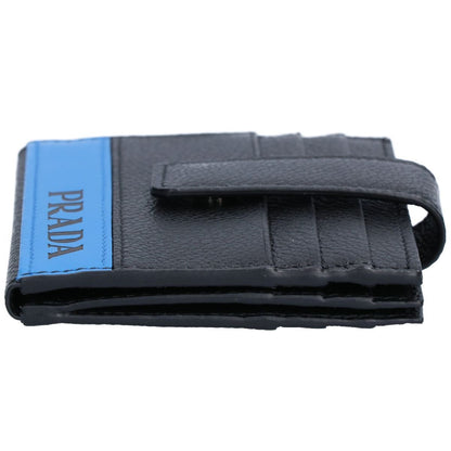 Prada Mens Black Blue Stripe Logo Vitello Micrograin Card Holder Wallet 2MC049