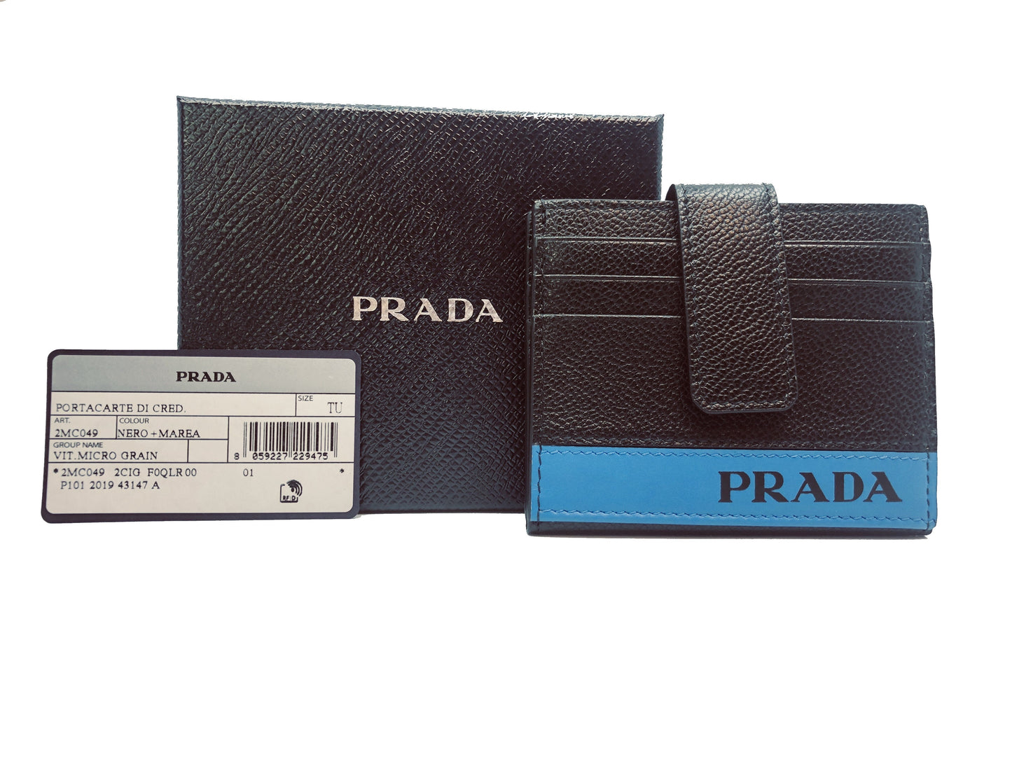 Prada Mens Black Blue Stripe Logo Vitello Micrograin Card Holder Wallet 2MC049