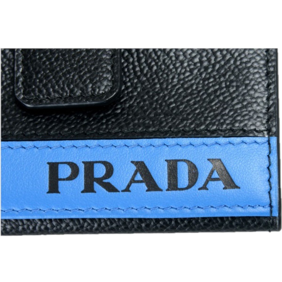 Prada Mens Black Blue Stripe Logo Vitello Micrograin Card Holder Wallet 2MC049