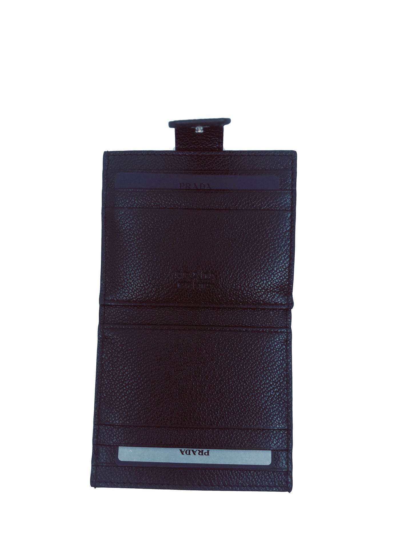 Prada Mens Black Blue Stripe Logo Vitello Micrograin Card Holder Wallet 2MC049