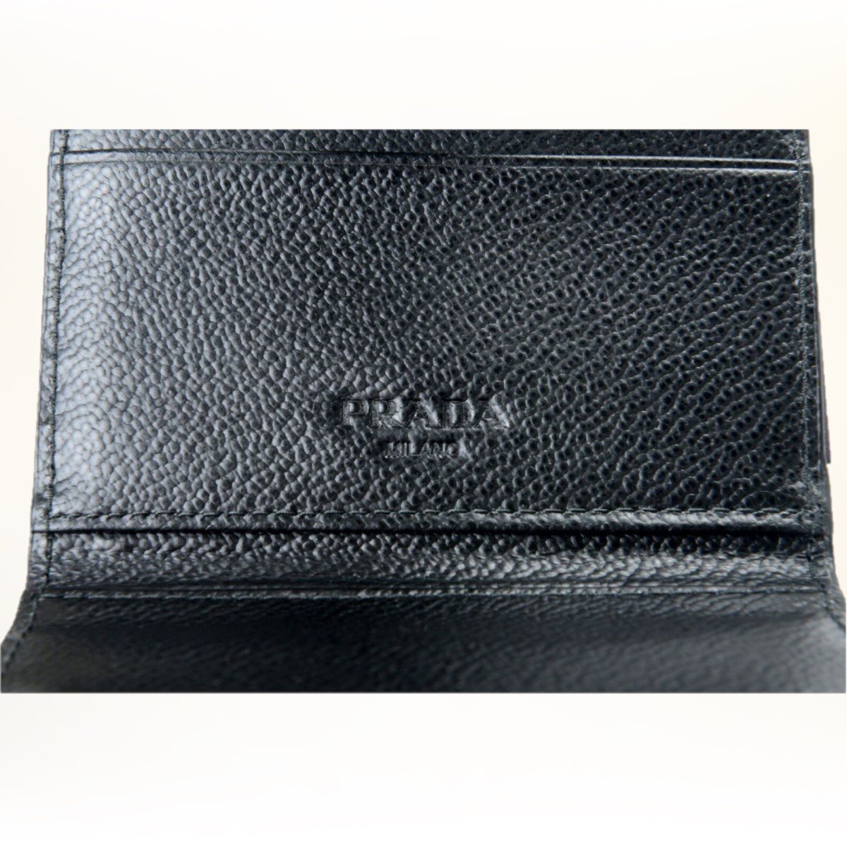 Prada Mens Black Blue Stripe Logo Vitello Micrograin Card Holder Wallet 2MC049