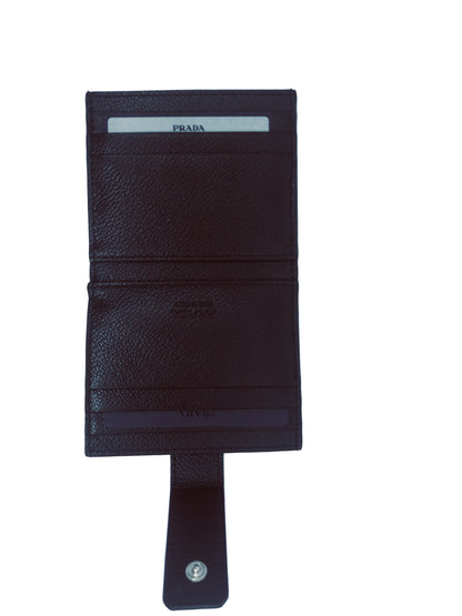 Prada Mens Black Blue Stripe Logo Vitello Micrograin Card Holder Wallet 2MC049
