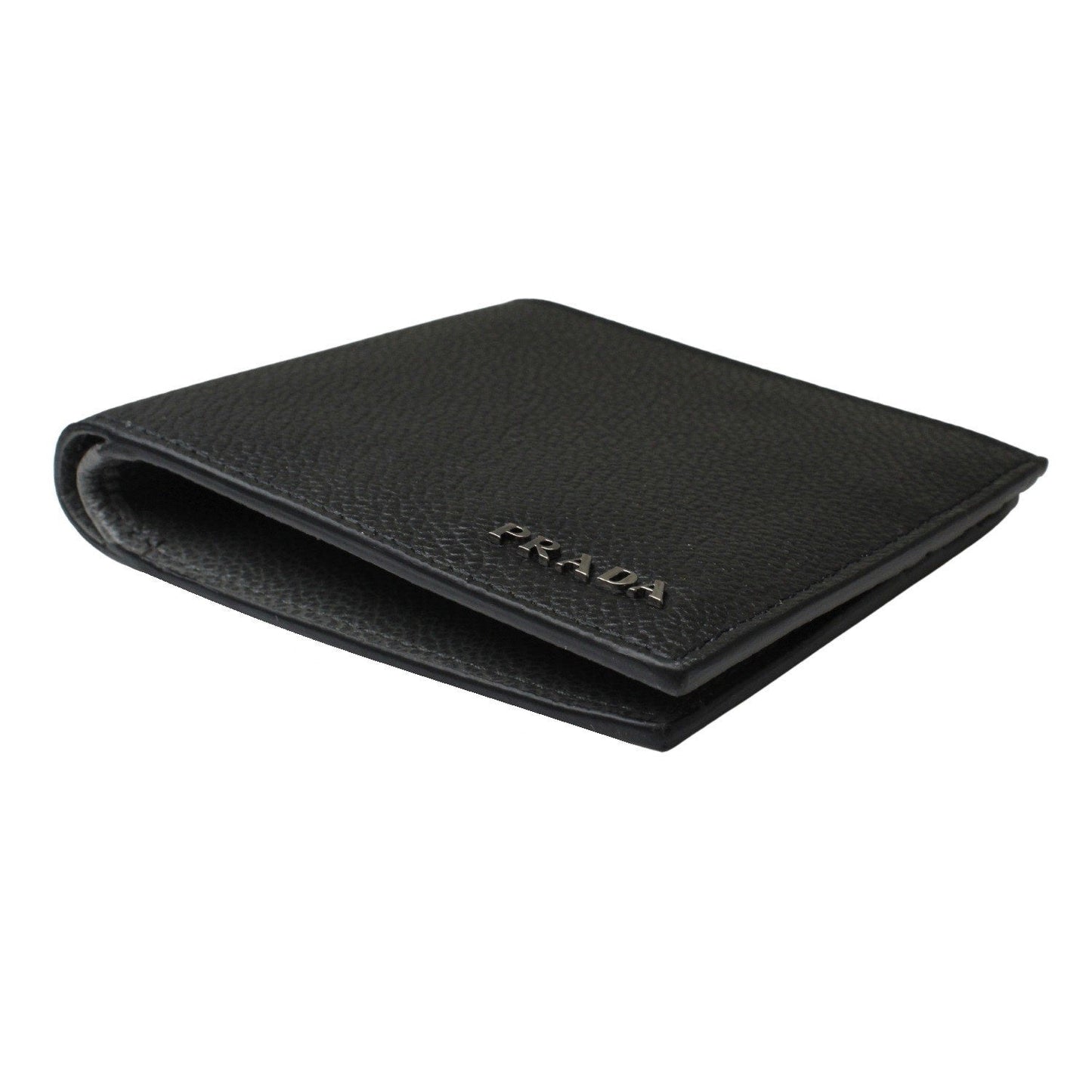 Prada Mens Black Grey Vitello Micro Grain Leather Logo Bifold 2MO912