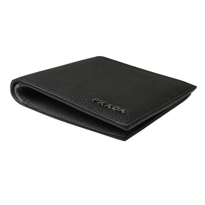 Prada Mens Black Grey Vitello Micro Grain Leather Logo Bifold 2MO912