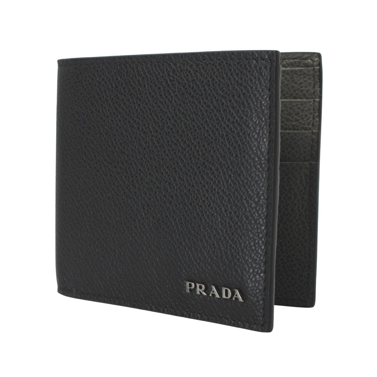 Prada Mens Black Grey Vitello Micro Grain Leather Logo Bifold 2MO912