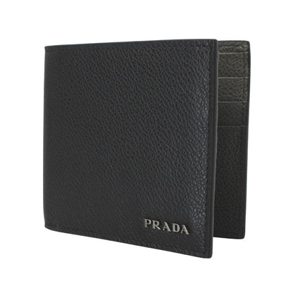 Prada Mens Black Grey Vitello Micro Grain Leather Logo Bifold 2MO912