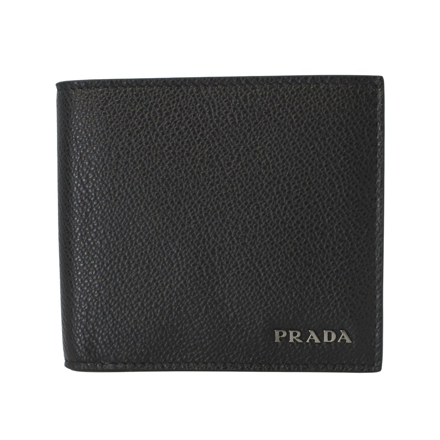 Prada Mens Black Grey Vitello Micro Grain Leather Logo Bifold 2MO912