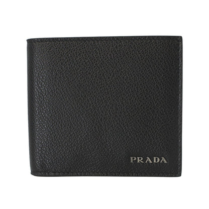 Prada Mens Black Grey Vitello Micro Grain Leather Logo Bifold 2MO912