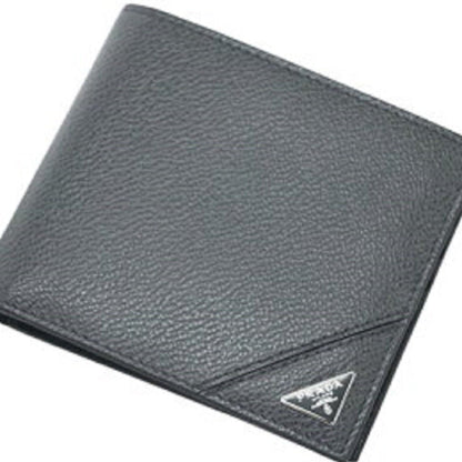 Prada Mens Bifold Vitello Micro Grain Gray Leather Triangle Logo Bifold Wallet