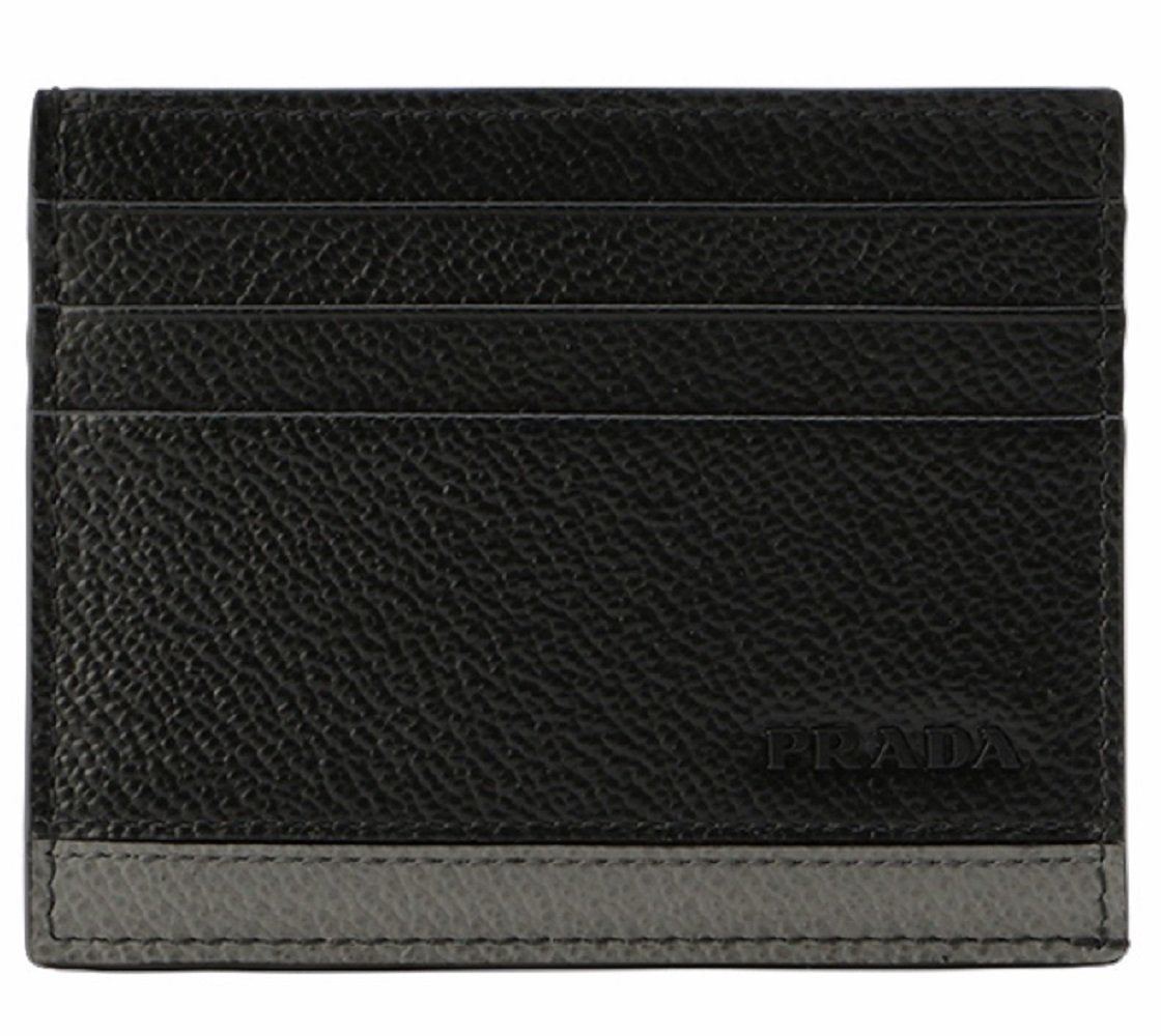 Prada Mens Leather Vitello Micro Grain Card Holder Black with Gray 2MC223