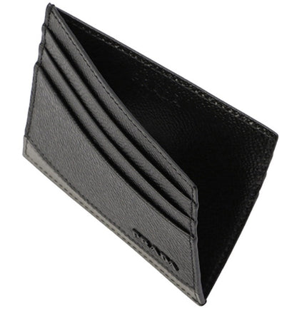 Prada Mens Leather Vitello Micro Grain Card Holder Black with Gray 2MC223