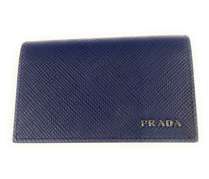 Prada Mens Logo Plaque Saffiano Flap Card Holder Wallet Baltico Blue