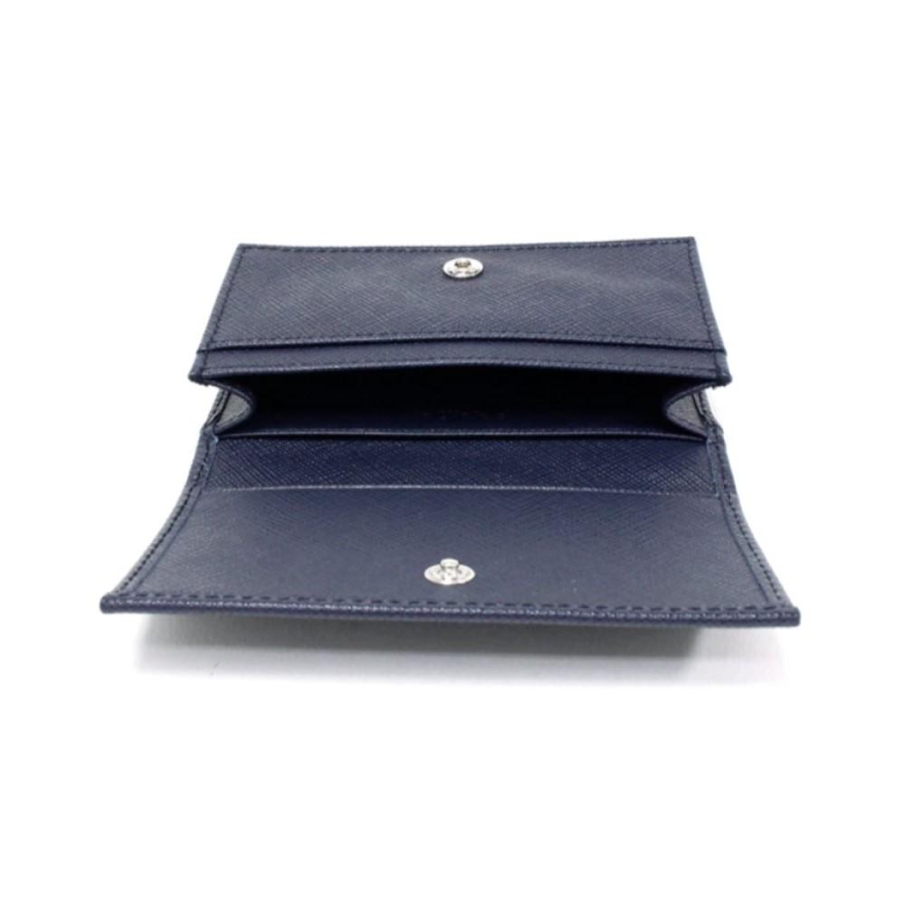 Prada Mens Logo Plaque Saffiano Flap Card Holder Wallet Baltico Blue