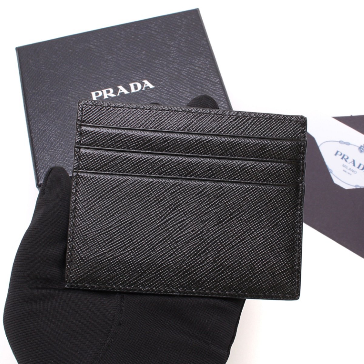 Prada Saffiano Nero Black Card Holder Embossed Logo