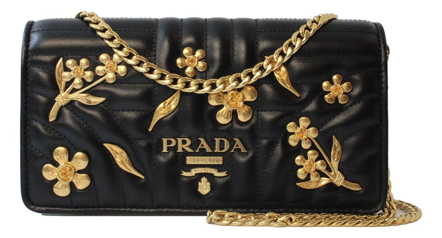 Prada Mini Wallet on Chain Black Leather Gold Flowers Crossbody 1DH044