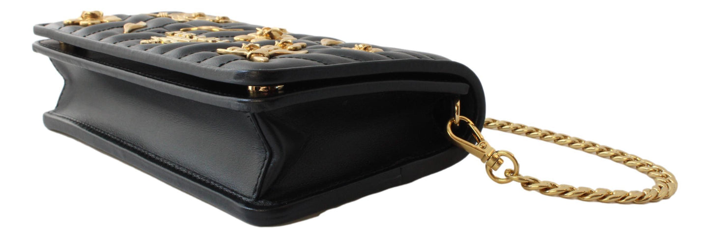 Prada Mini Wallet on Chain Black Leather Gold Flowers Crossbody 1DH044