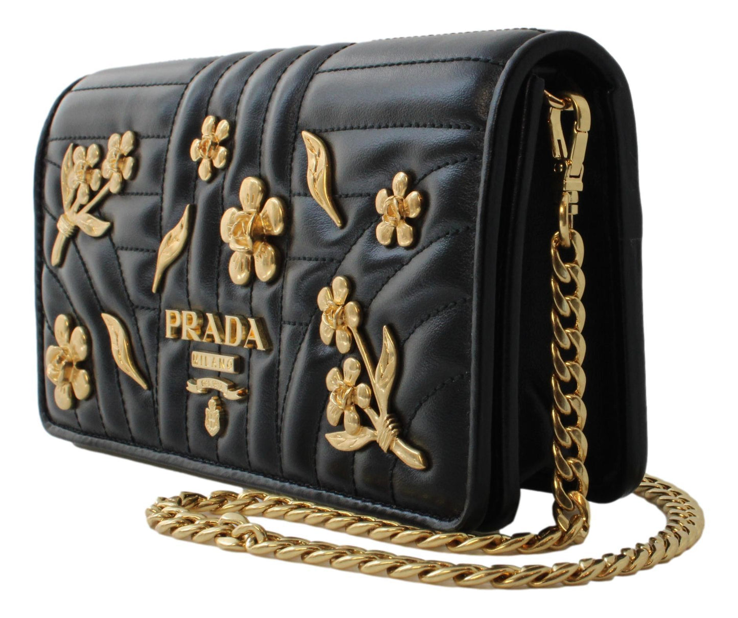 Prada Mini Wallet on Chain Black Leather Gold Flowers Crossbody 1DH044