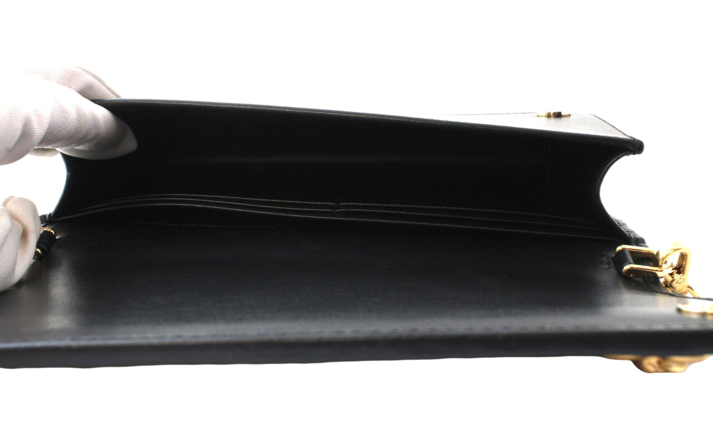 Prada Mini Wallet on Chain Black Leather Gold Flowers Crossbody 1DH044