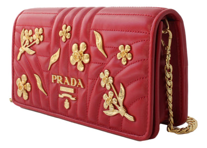Prada Mini Wallet on Chain Red Leather Gold Flowers Cross Body 1DH044