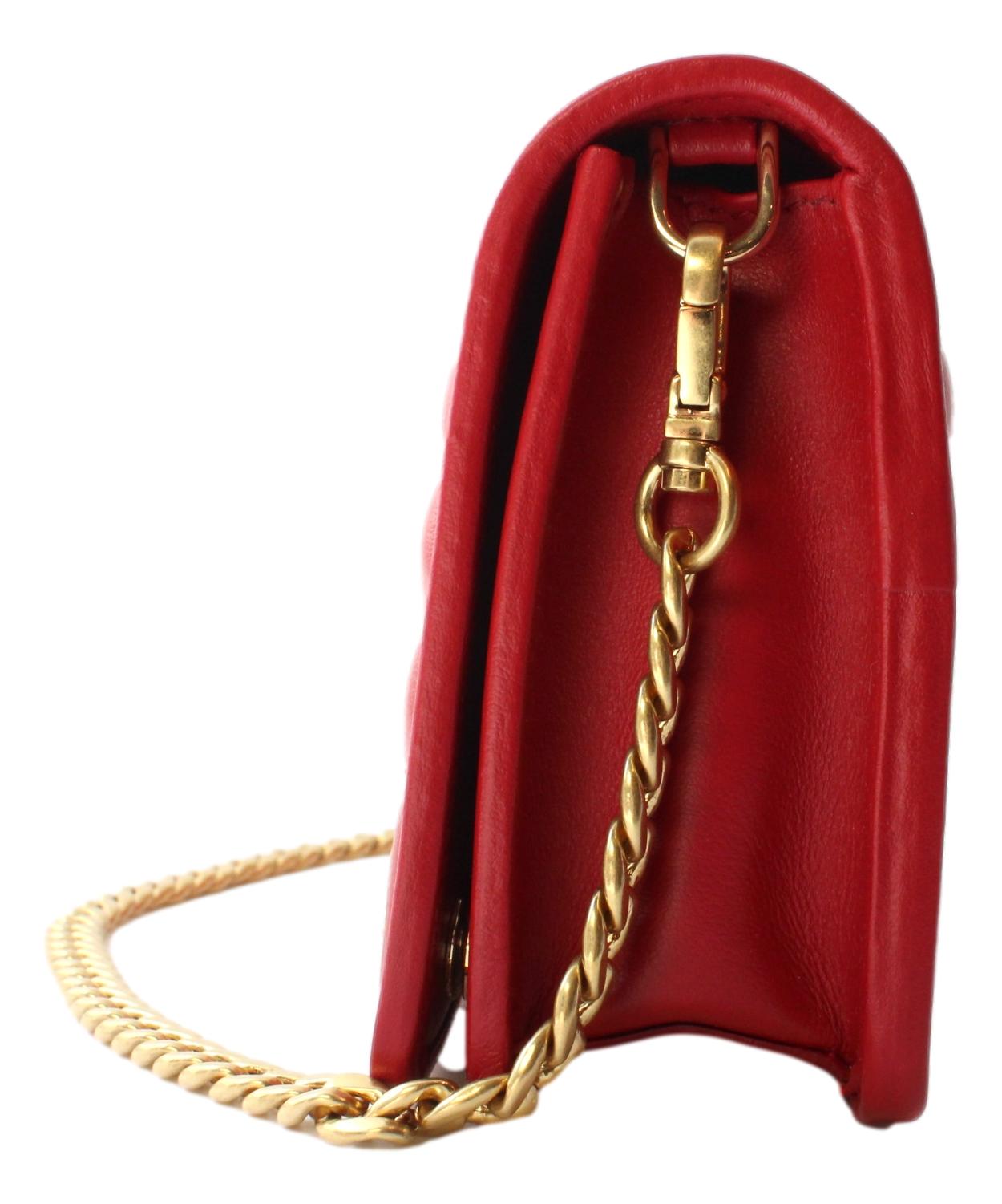 Prada Mini Wallet on Chain Red Leather Gold Flowers Cross Body 1DH044
