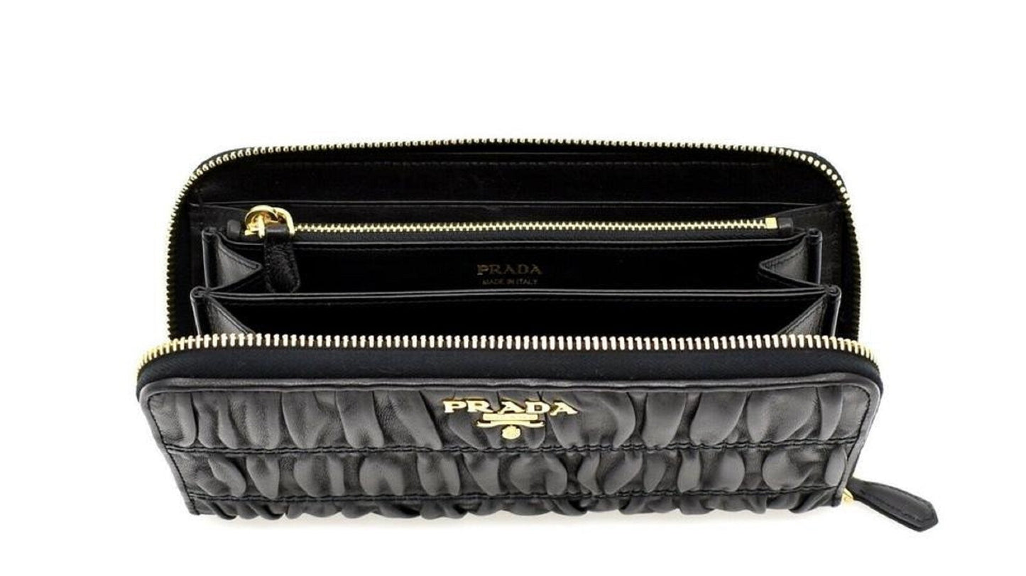 Prada Nappa Gaufre Black Quilted Continental Wallet Leather Gold Hardware 1ML506