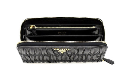 Prada Nappa Gaufre Black Quilted Continental Wallet Leather Gold Hardware 1ML506