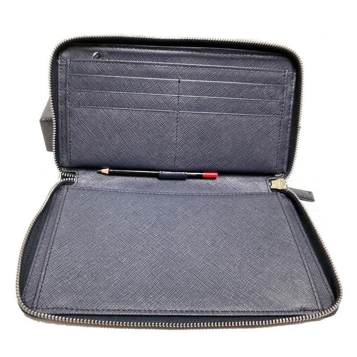Prada Navy Blue Saffiano Leather Zip Around Document Holder Wallet 2ML188