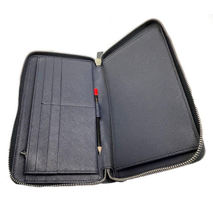 Prada Navy Blue Saffiano Leather Zip Around Document Holder Wallet 2ML188