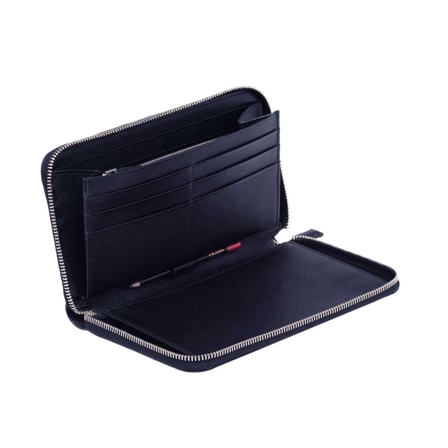 Prada Navy Blue Saffiano Leather Zip Around Document Holder Wallet 2ML188